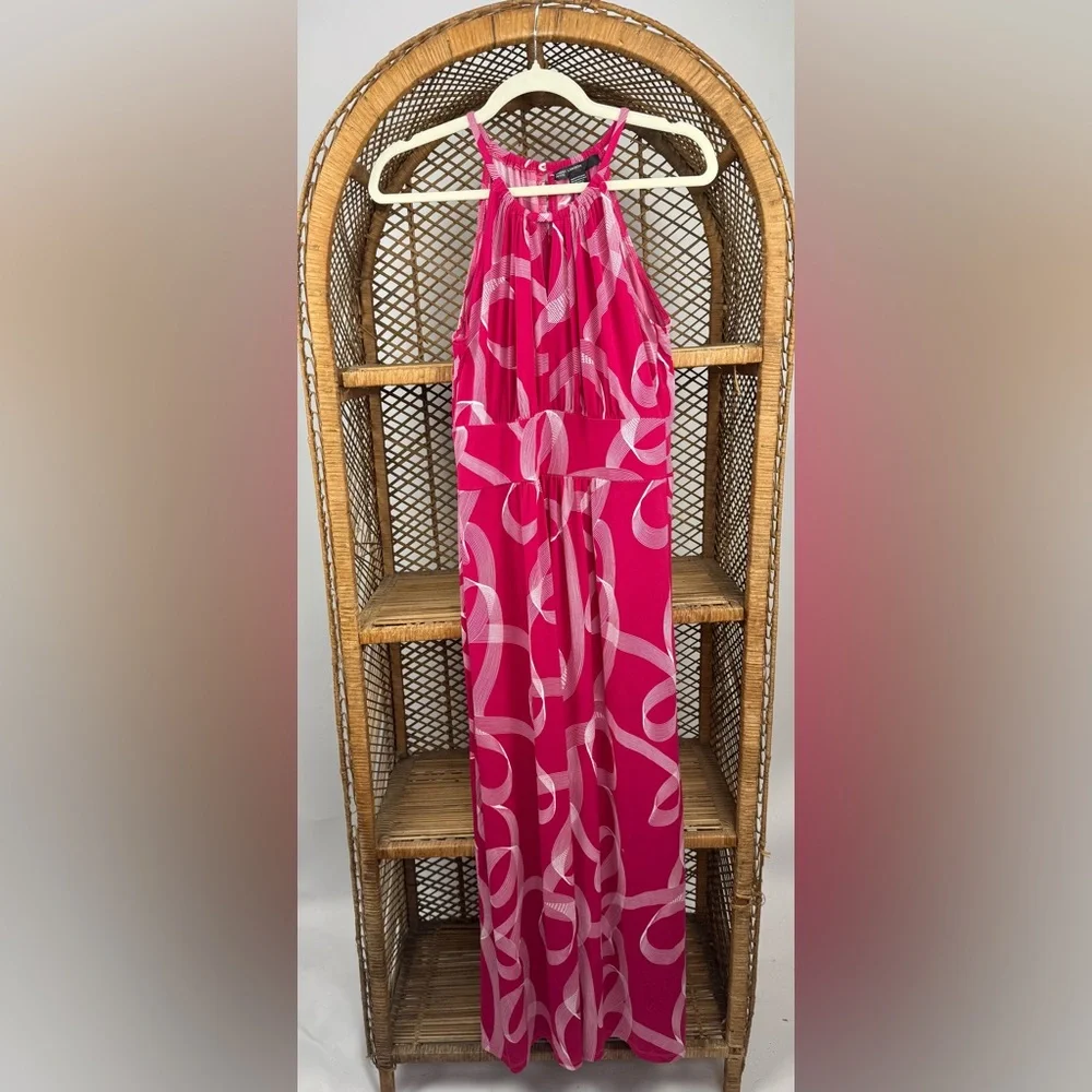 Maggy London Petite Halter Neck Maxi Dress Pink Abstract Print Size 12P EUC - Picture 2 of 5
